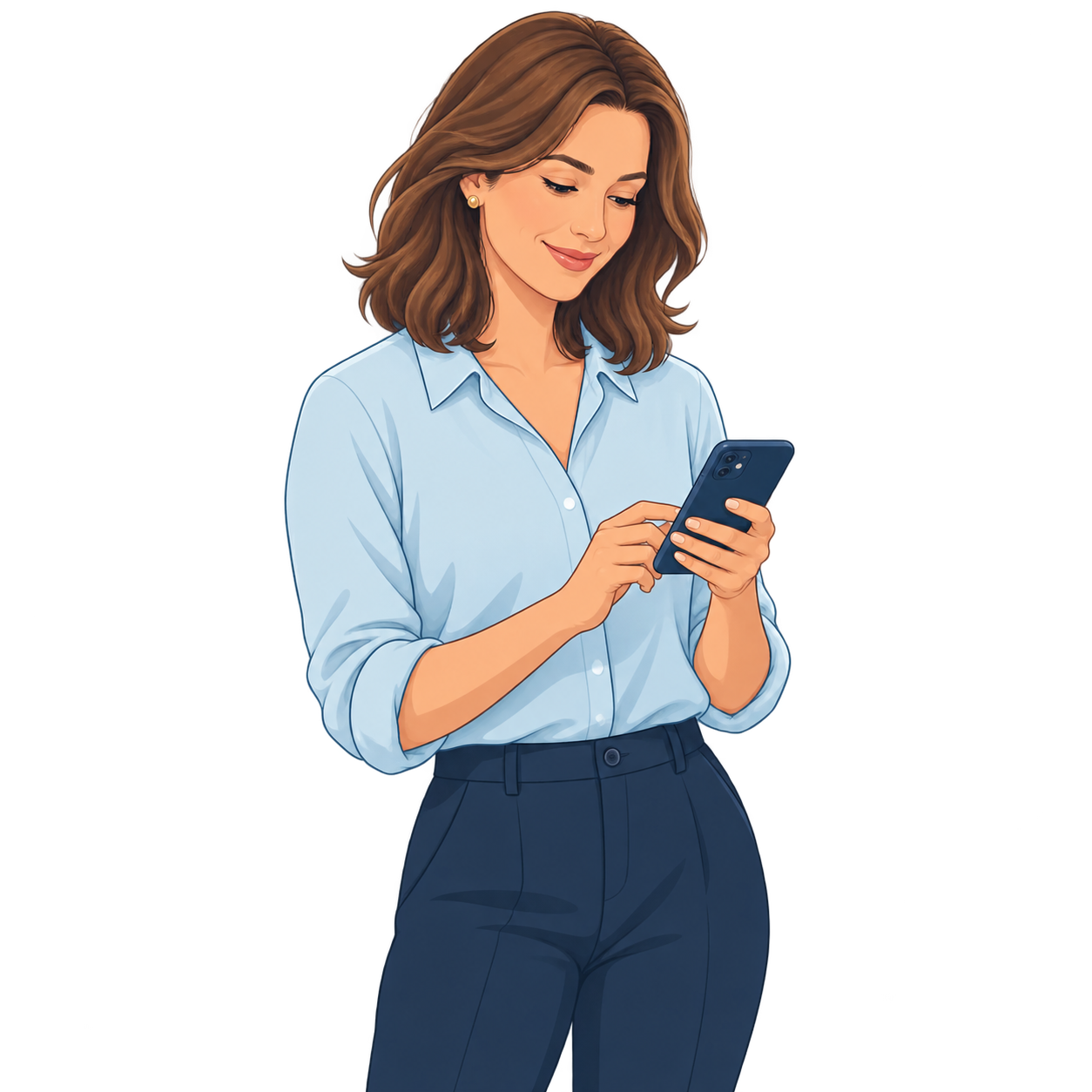 An illustrated adult daughter reviewing her family dashboard