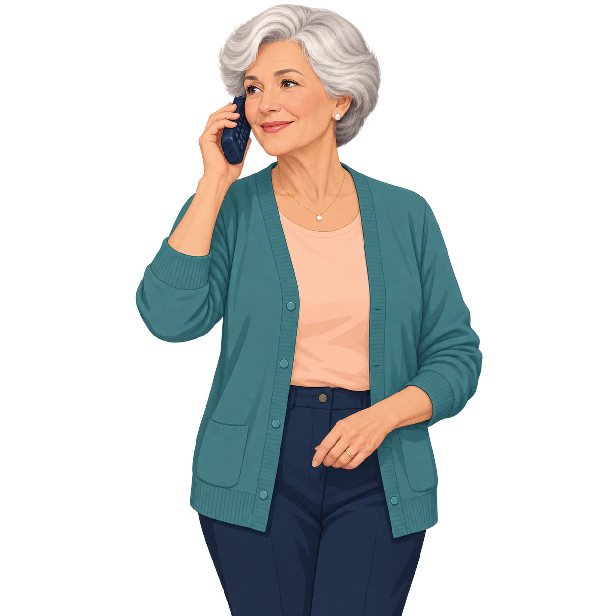 Pat, the illustrated protected person, holding a familiar cordless phone